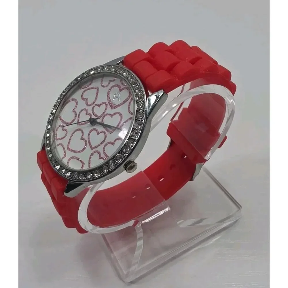 Cc 6545 Analog Quartz Watch W/Sparkly Gems Heart Dial Red Band New Battery W289